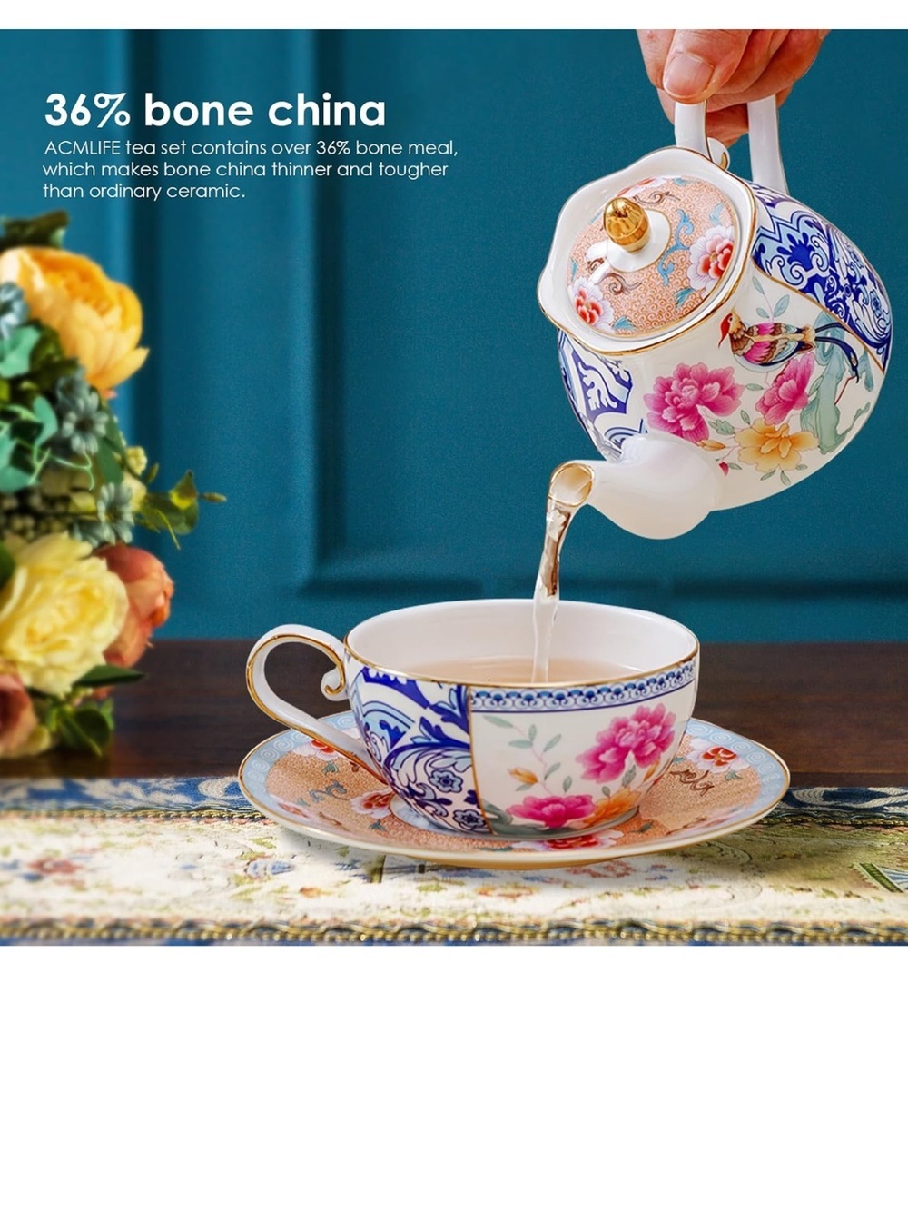 Bone China Floral Teapot and Cup Set - White with Blue & Pink Accents